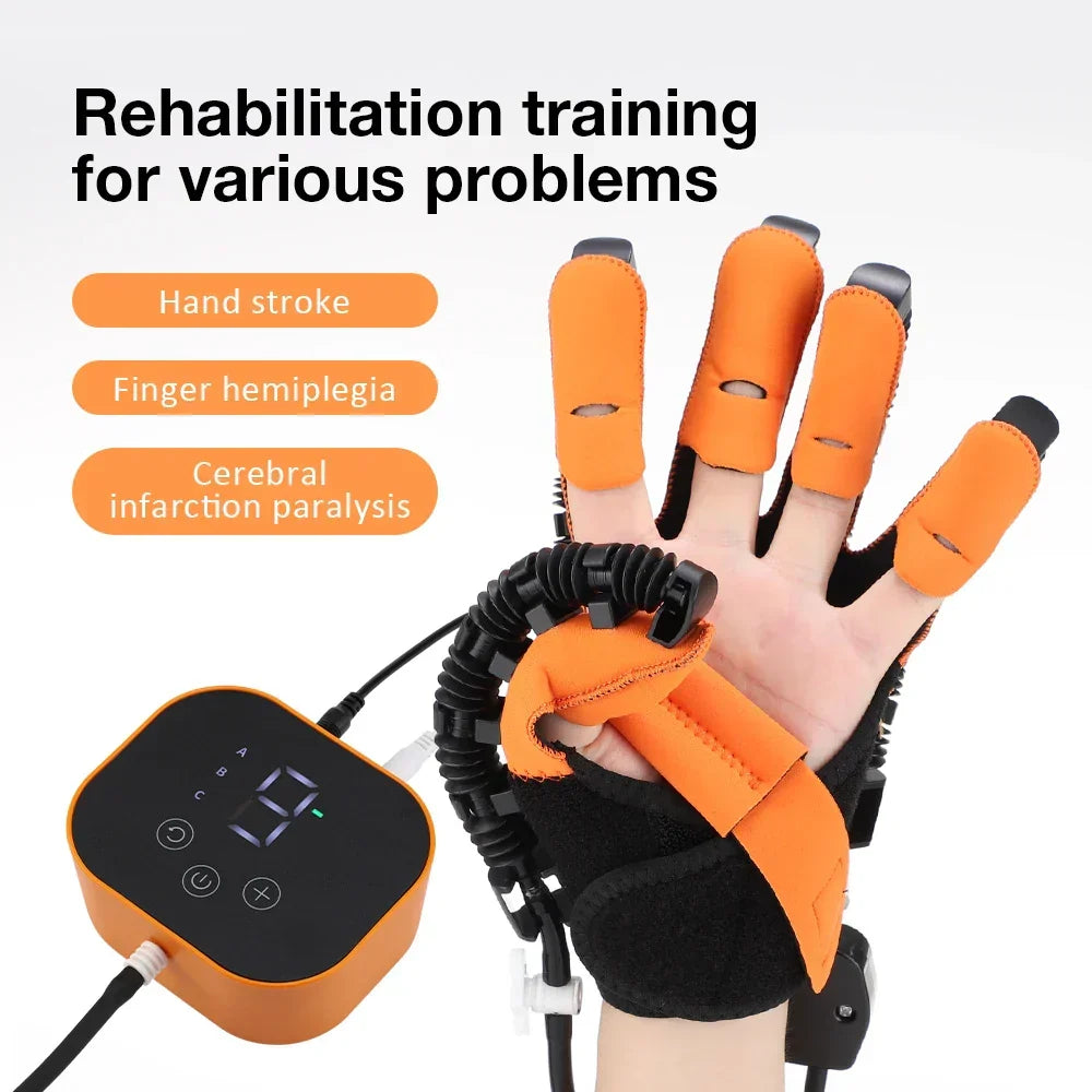 Adjustable electric rehab glove for stroke patients. Improves finger exercises, hand strength & pain relief.