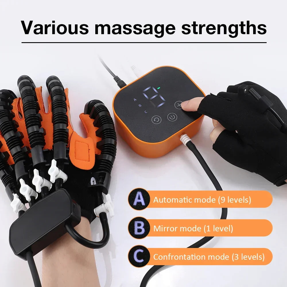 Smart electric hand therapy glove for home stroke recovery. Enhances physical therapy & hand strength.