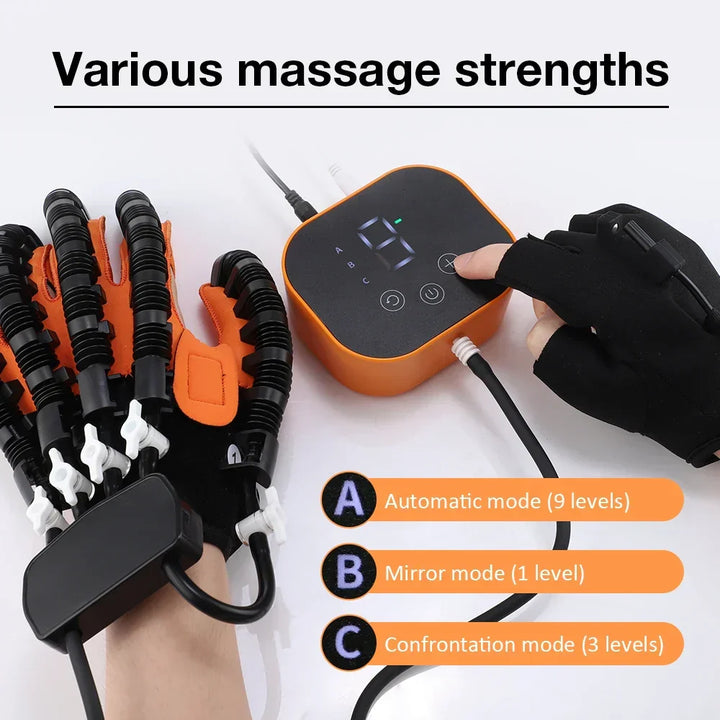 Smart electric hand therapy glove for home stroke recovery. Enhances physical therapy & hand strength.