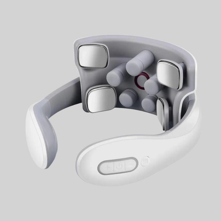 Unisex electric neck massager with heat & 6 modes for pain relief, muscle relaxation, and tension reduction.
