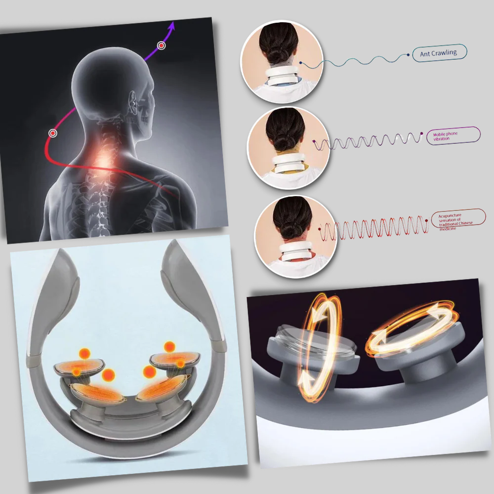 Person using a portable electric neck massager with heat for neck & shoulder pain relief and stress reduction.
