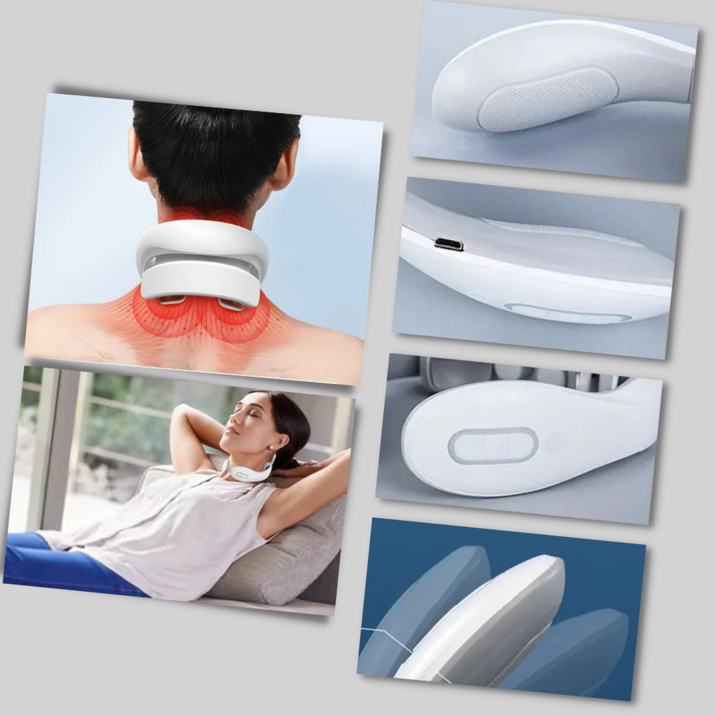 Sleek, rechargeable electric neck massager, designed for portable pain relief and stress reduction on the go.