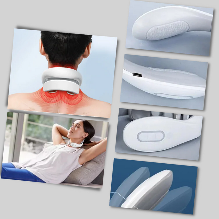 Sleek, rechargeable electric neck massager, designed for portable pain relief and stress reduction on the go.