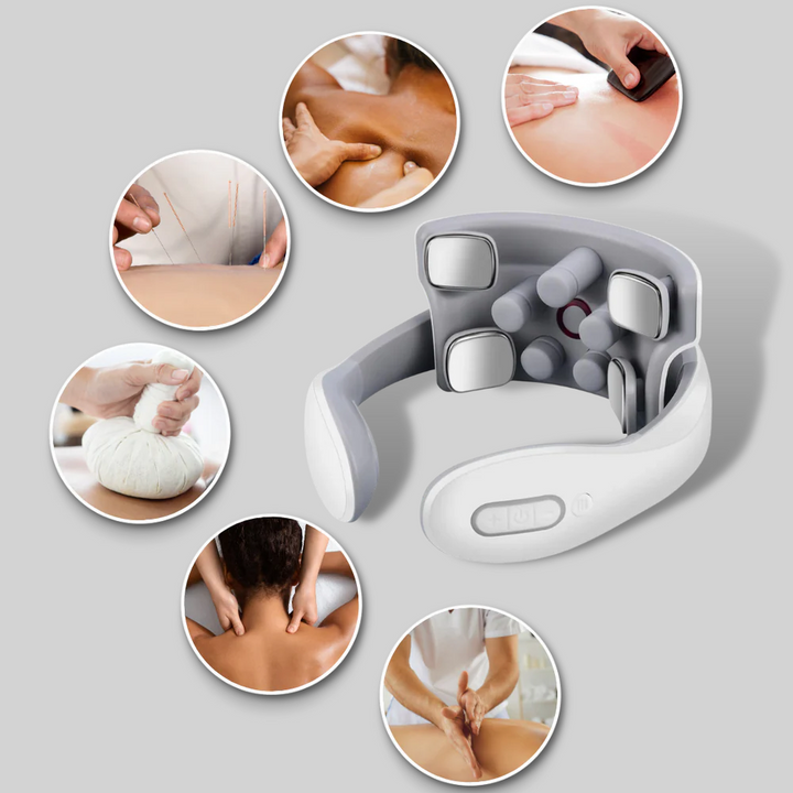 Close-up of a unisex electric neck massager, showing control panel for heat & 6 modes for pain relief.