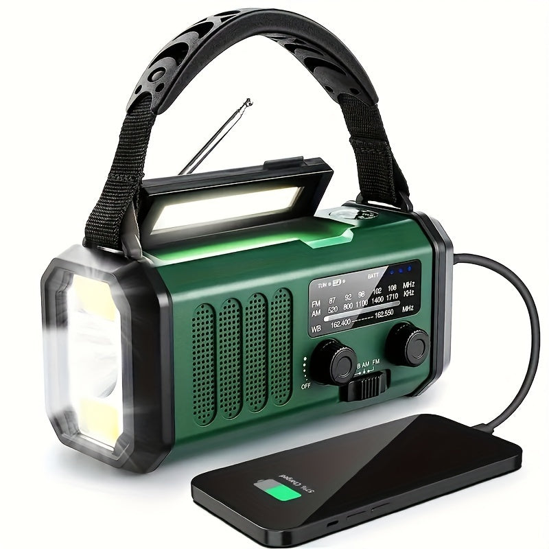 Unisex emergency survival radio with 10,000 mAh power bank, solar & hand crank charging.