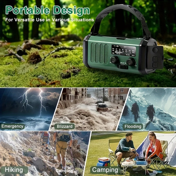All-in-one survival radio: 10000mAh power bank, NOAA, AM/FM, LED, compass, solar, crank.