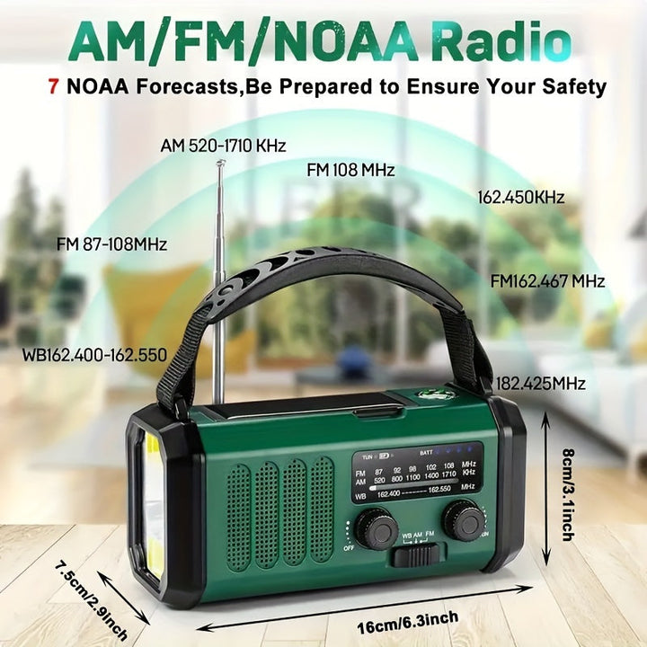 Hand crank, solar, USB-C emergency radio with 10000mAh power bank & LED light.