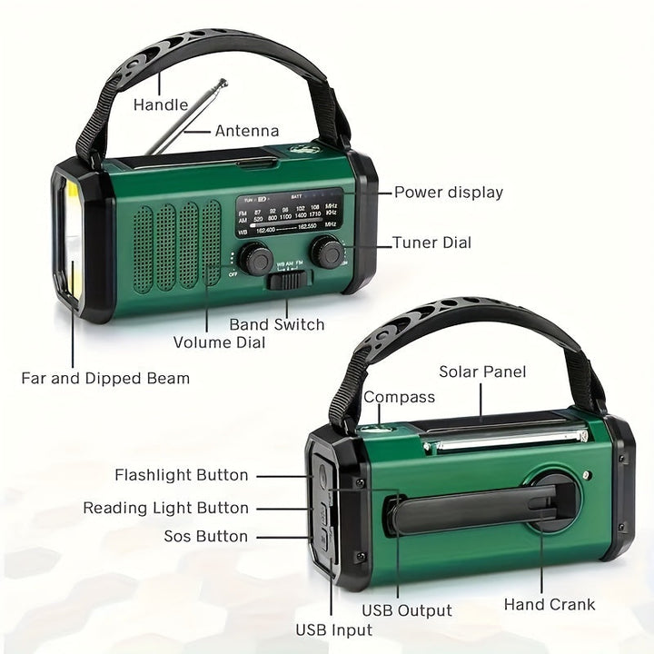 Essential camping gear: 10000mAh power bank survival radio with solar & hand crank.