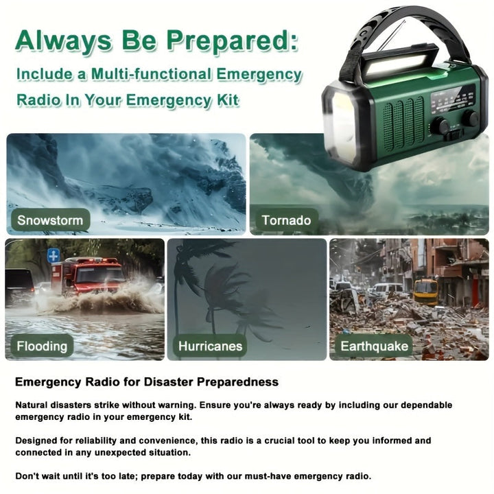 Unisex emergency radio, 10000mAh power bank, hand crank, solar, LED light, SOS alarm.