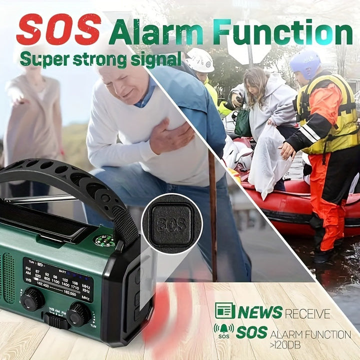 Solar hand crank emergency radio with 10000mAh power bank & NOAA weather alerts.