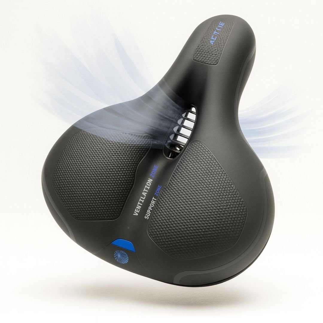 Water-resistant ergonomic bike seat with robust suspension, ensuring comfort & durability for all-weather cycling.