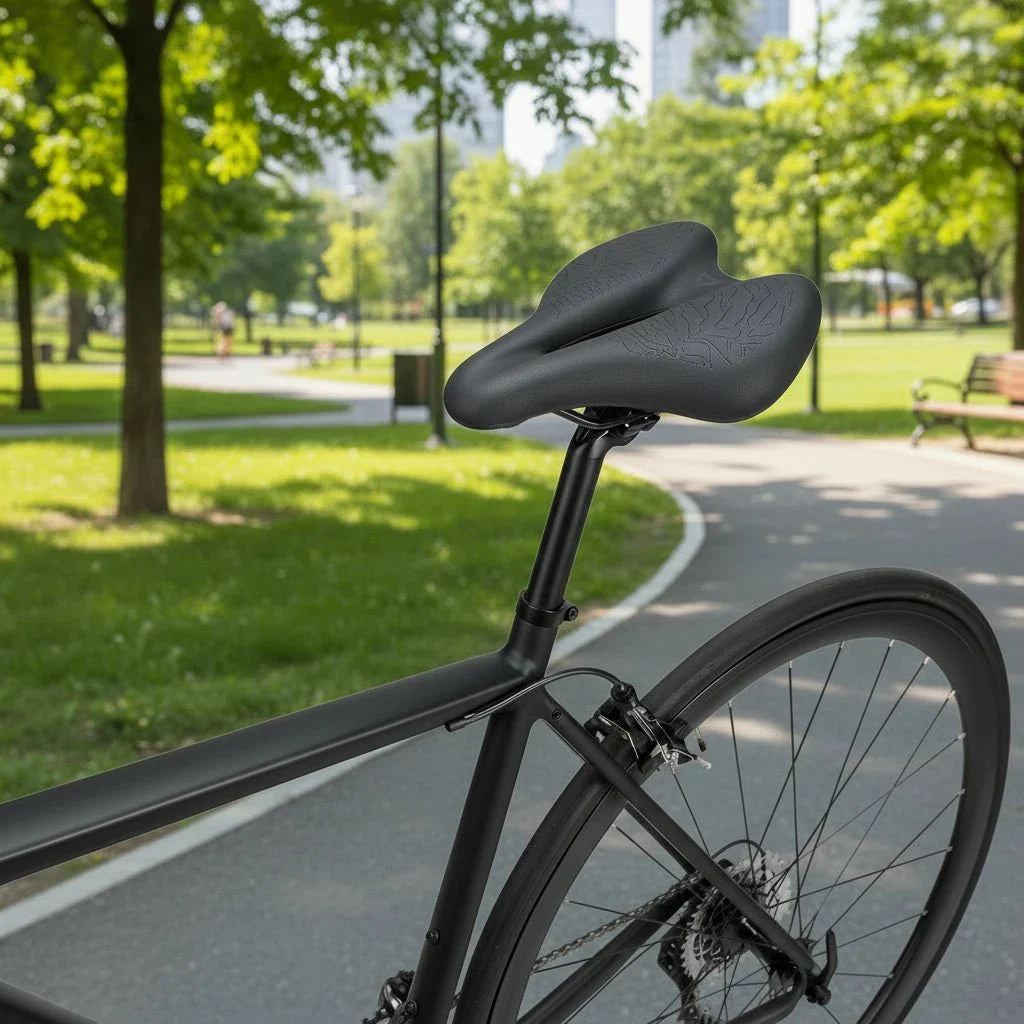 Unisex ergonomic bike saddle with breathable memory foam for men & women, enhancing cycling comfort.