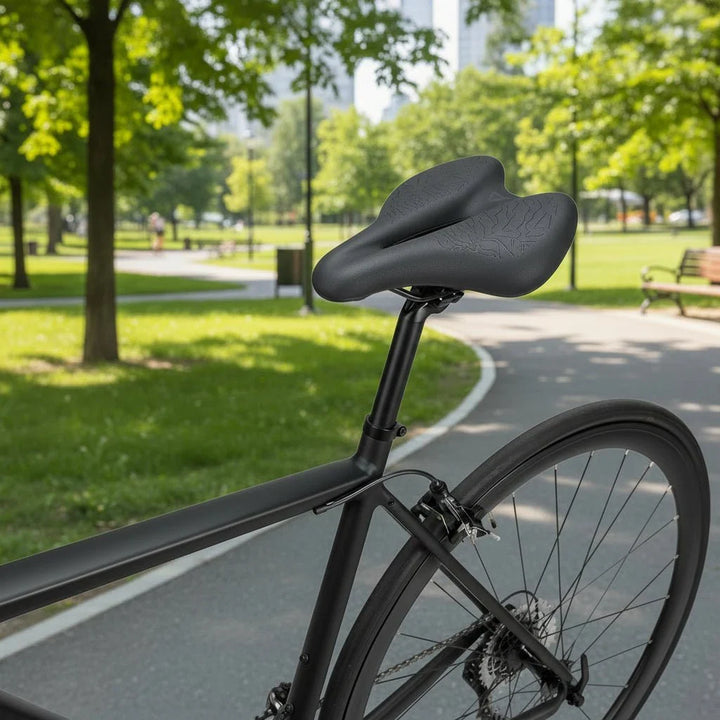 Unisex ergonomic bike saddle with breathable memory foam for men & women, enhancing cycling comfort.