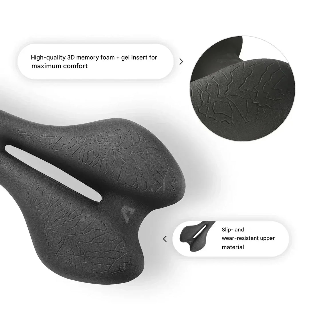 Advanced memory foam bicycle saddle, ergonomically shaped for pain-free, comfortable cycling experience.