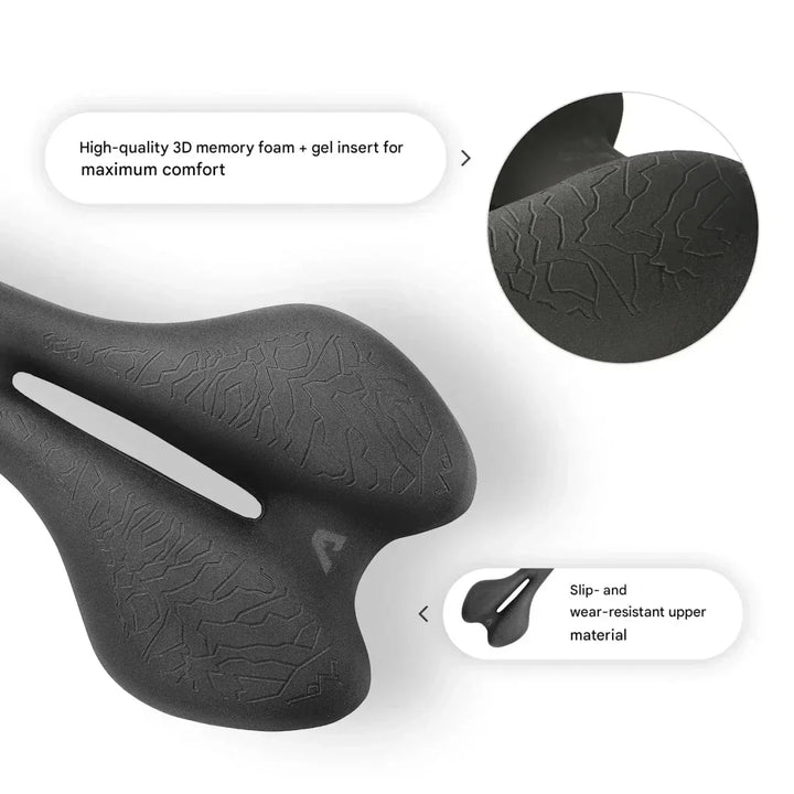 Advanced memory foam bicycle saddle, ergonomically shaped for pain-free, comfortable cycling experience.