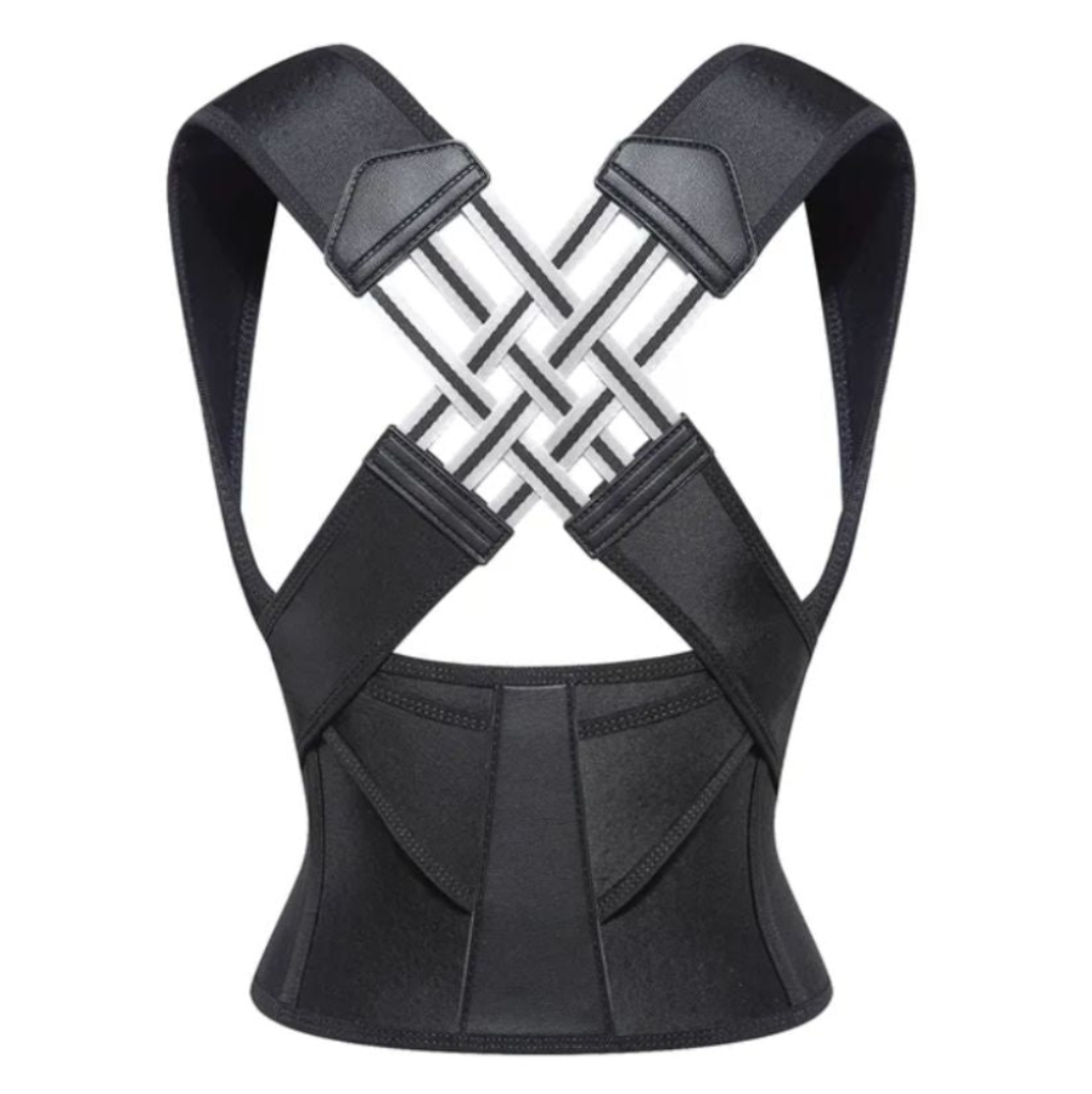 Unisex ergonomic posture corrector provides back & shoulder support for spinal alignment & pain relief. Adjustable & comfortable.