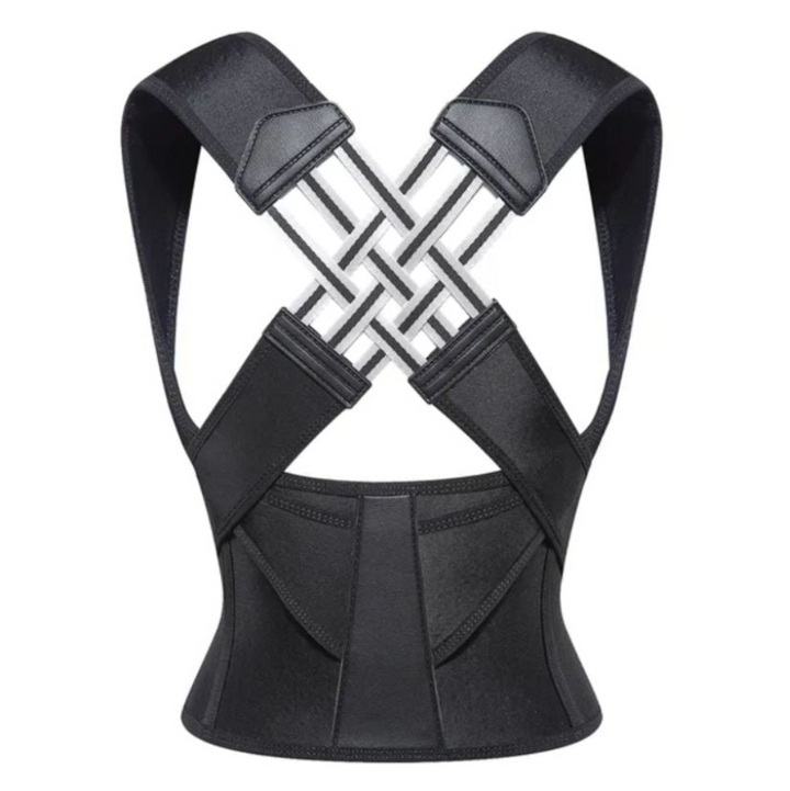 Unisex ergonomic posture corrector provides back & shoulder support for spinal alignment & pain relief. Adjustable & comfortable.