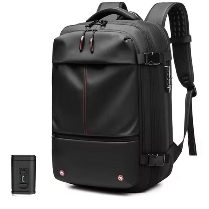 Model wearing a unisex ergonomic travel backpack, demonstrating its comfortable fit and sleek design for urban or nature exploration.