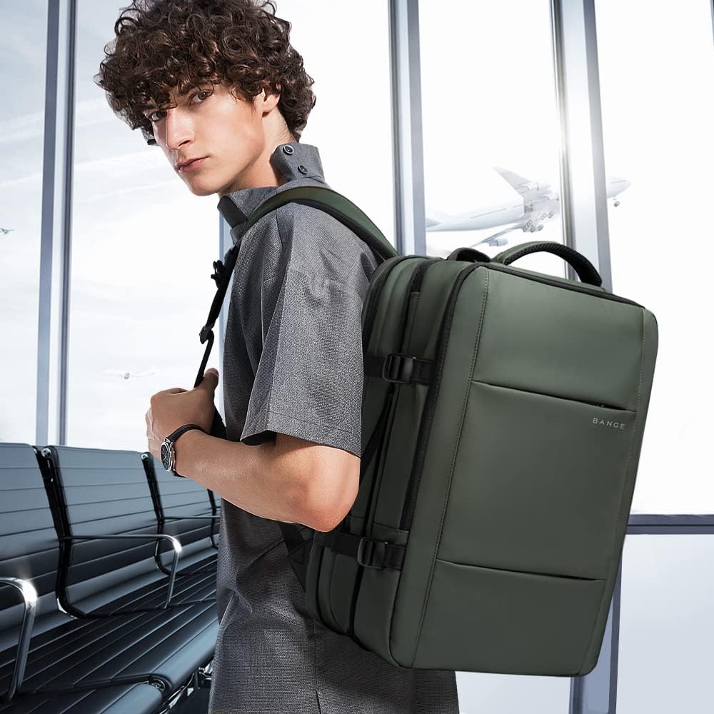 Laptop-friendly expandable backpack (26-45L), waterproof for all travel needs.