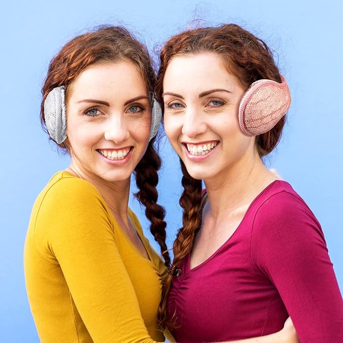 Person wearing black foldable knitted ear warmers. Unisex 4-pack for winter protection, warmth & outdoor comfort.