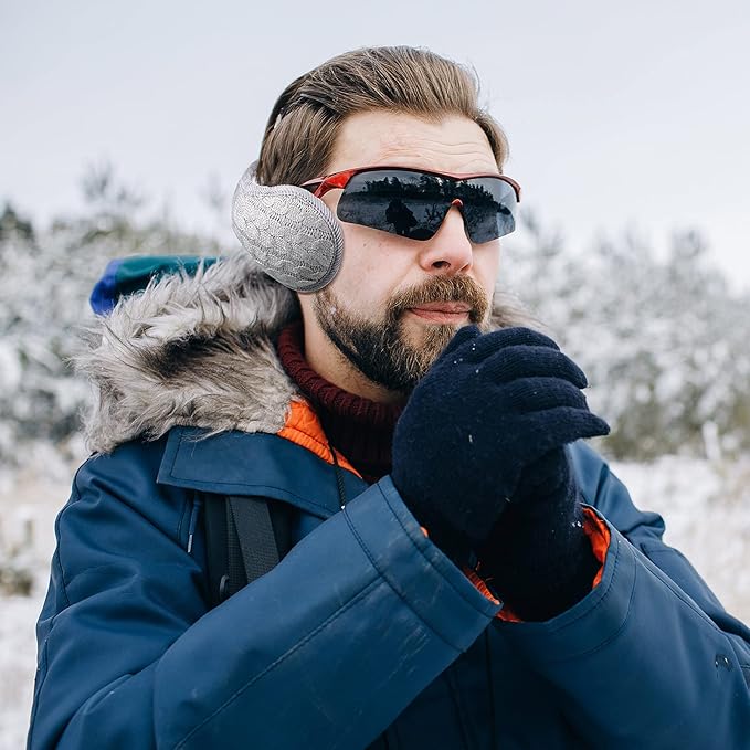 Close-up of a foldable knitted ear warmer, showcasing soft texture & unisex design. 4-pack for winter warmth & protection.