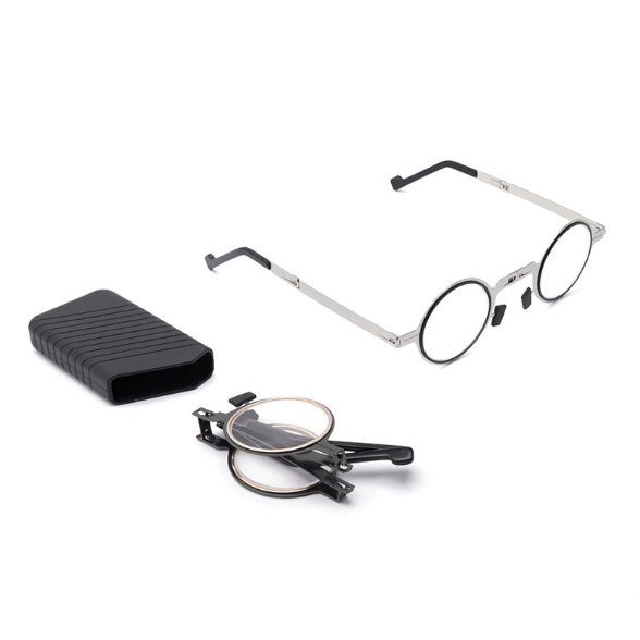 Foldable reading glasses with blue light filter. Compact, portable eyewear for digital eye protection & reading.