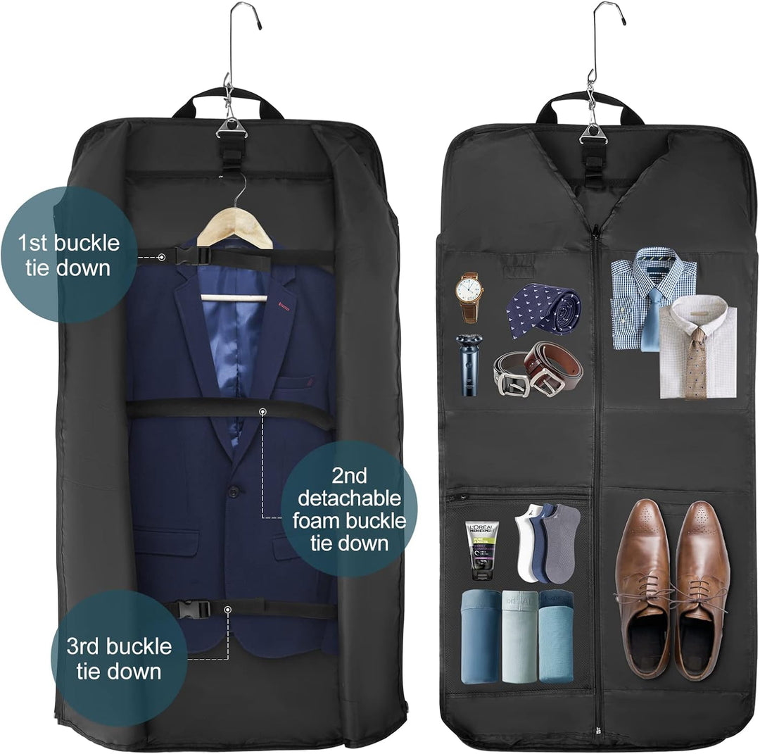 Foldable travel garment bag unfolded, showcasing suit compartment & extra pockets for shoes; waterproof carry-on luggage.