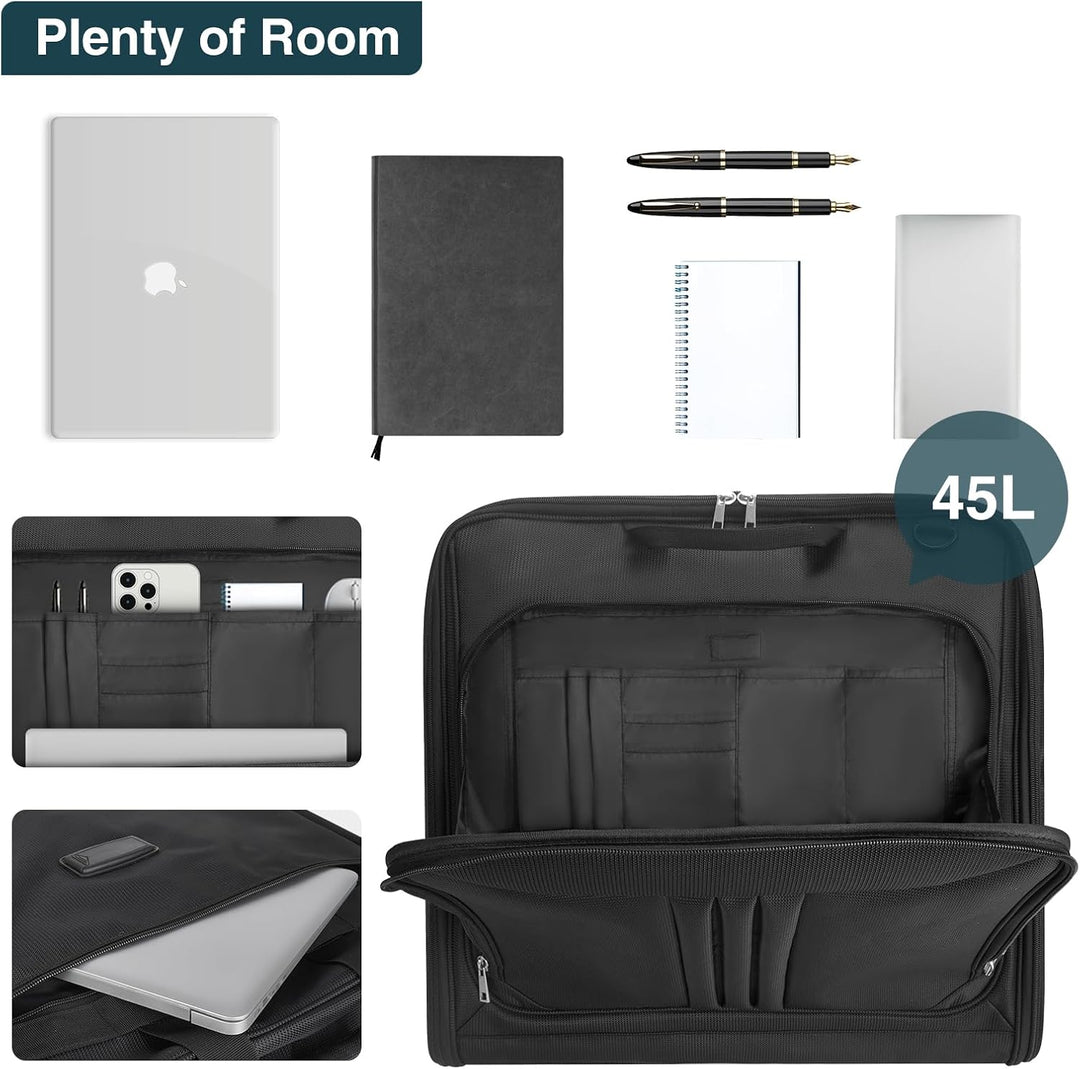 Spacious unisex waterproof garment bag, keeps suits wrinkle-free. Converts to a duffel, perfect carry-on for travel.
