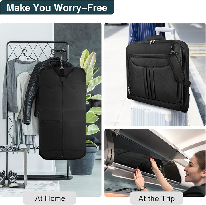 Stylish black unisex travel garment bag, designed as a waterproof carry-on & suit organizer for modern travelers.