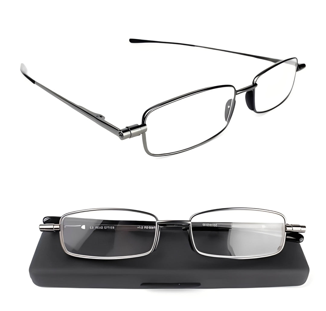 Lightweight stainless steel folding reading glasses. Unisex, compact, and highly portable eyewear solution.