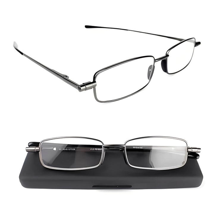 Lightweight stainless steel folding reading glasses. Unisex, compact, and highly portable eyewear solution.