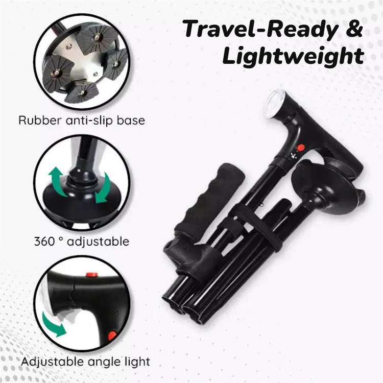 Adjustable folding travel cane for unisex use, featuring LED light & safety alarm for enhanced elderly mobility & support.
