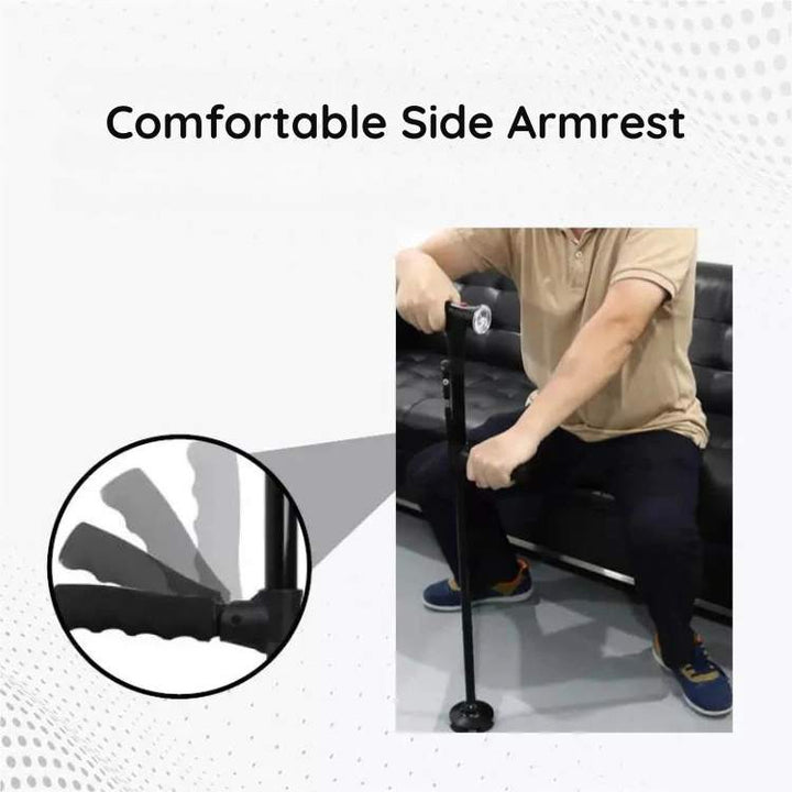 Safety-focused folding walking cane with anti-slip base, LED light, and alarm for reliable mobility aid & elderly support.