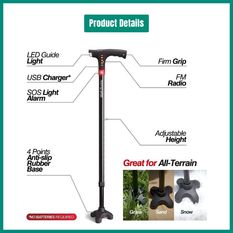 LED light & alarm folding walking cane, a versatile mobility aid for seniors, providing support and safety for daily use.