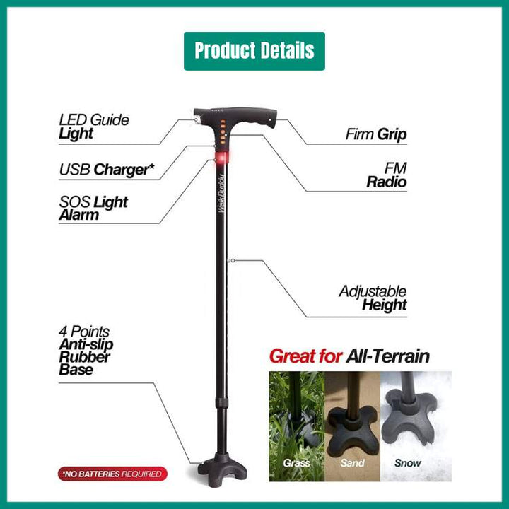 LED light & alarm folding walking cane, a versatile mobility aid for seniors, providing support and safety for daily use.