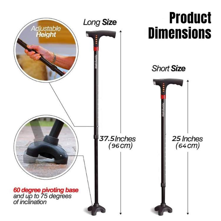Unisex folding walking cane, a key mobility aid for elderly, with LED light, safety alarm, and sturdy support for travel.