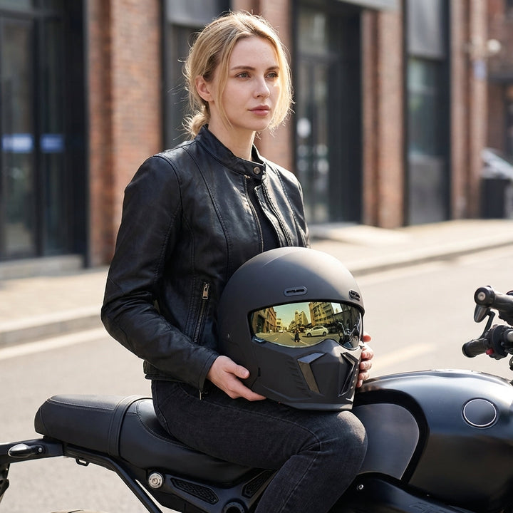 Vintage style full face motorcycle helmet, DOT/ECE certified, offering superior head protection for riders.