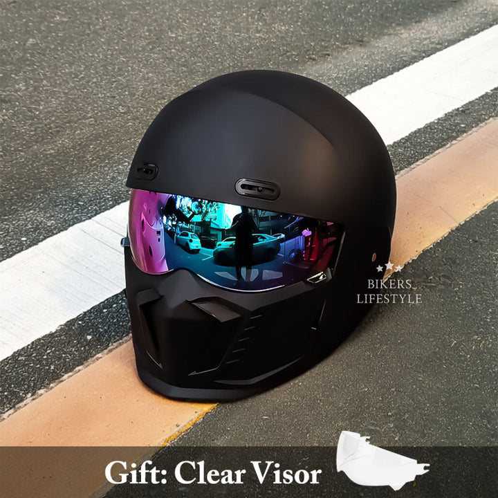 Protective full face motorcycle helmet with anti-fog visor, DOT & ECE approved for clear vision and safety.