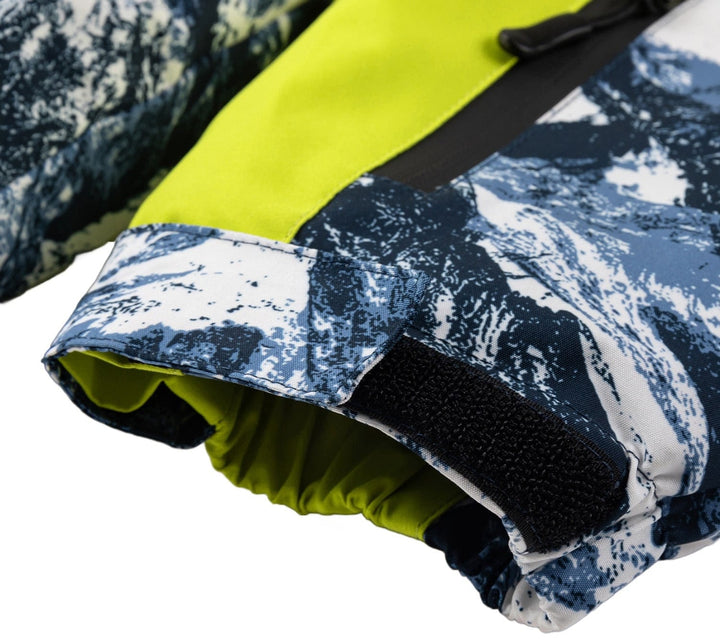 Hooded insulated jacket with an eye-catching glacier print, designed for both men and women in winter.