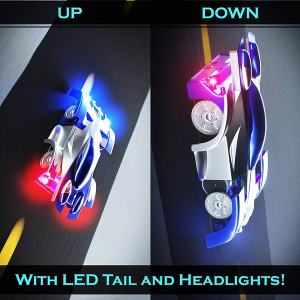 Red gravity-defying remote control wall climbing car on a wall, exciting kids toy for indoor play.