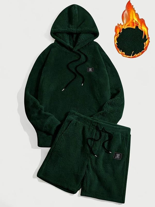 Model wearing a cozy unisex fleece lounge hoodie and matching shorts, ideal for casual athleisure wear.