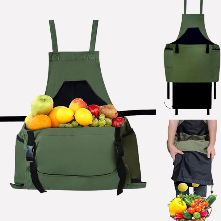 Unisex green garden apron with multiple pockets for gardening tools. Durable canvas work apron for outdoor tasks.