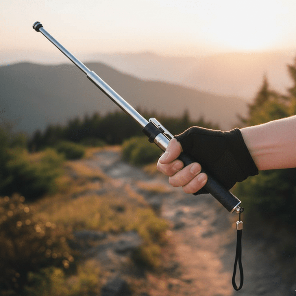 Unisex Guardian Trek Stick, a durable hiking pole & personal security device for outdoor adventures.