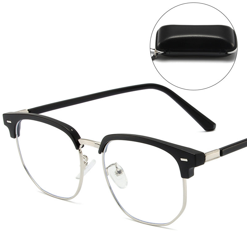 Professional unisex half-rim glasses, blocking blue light in office and home settings.