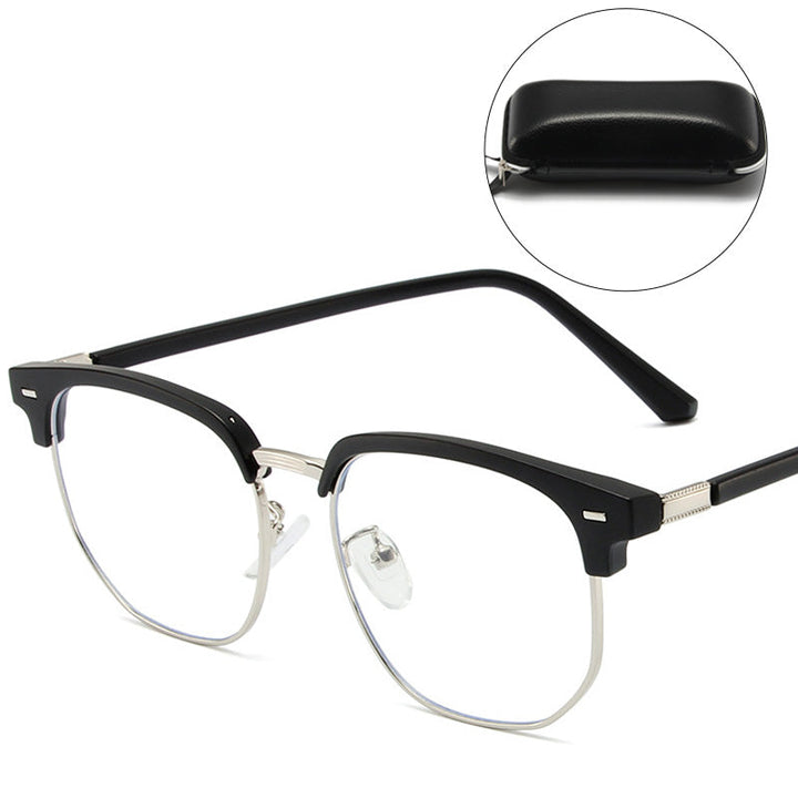 Professional unisex half-rim glasses, blocking blue light in office and home settings.
