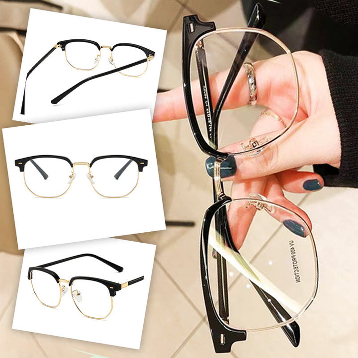 Person wearing unisex half-rim blue light glasses, demonstrating digital eye strain relief.