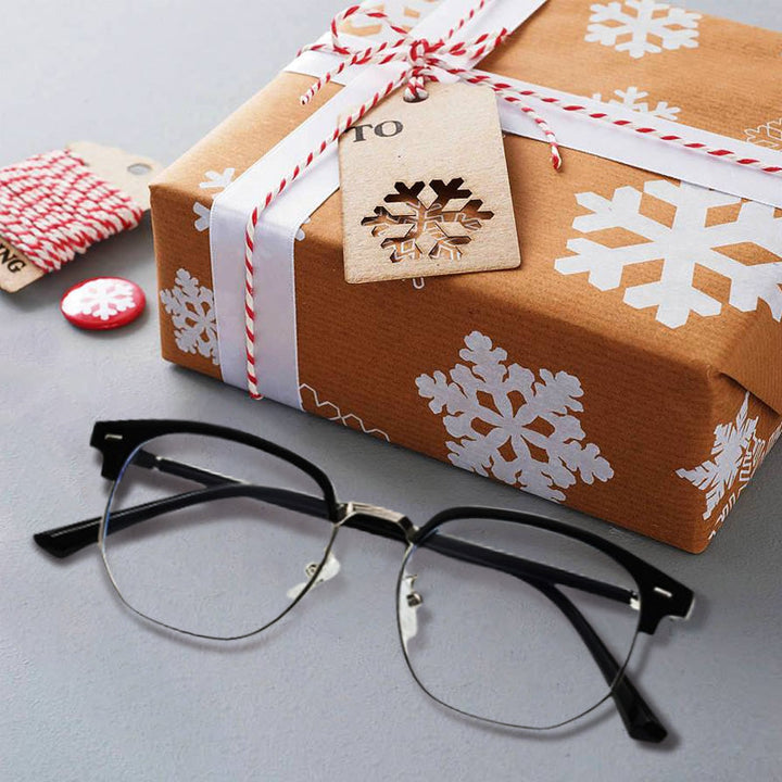 Blue light filter half-rim glasses for men and women, enhancing vision comfort.
