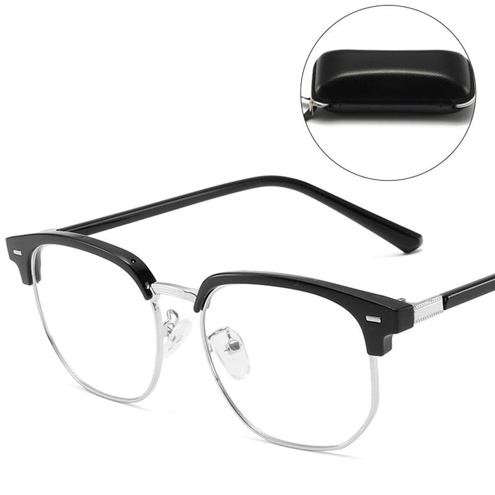 Stylish blue light blocking half-rim glasses, perfect for everyday screen protection.