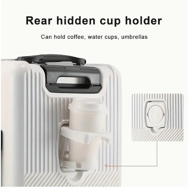 Smart Spinner Carry-On: Durable hardshell luggage with a convenient cup holder for airport travel.