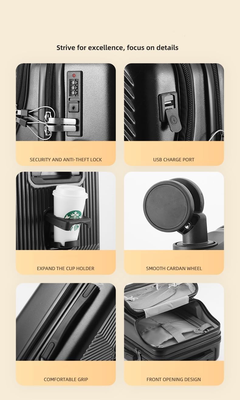 Durable Hardshell Carry-On: Unisex spinner luggage featuring both a USB port and cup holder.